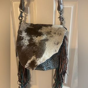 Cowhide and turquoise tooled leather handbag. Myra Bag brand